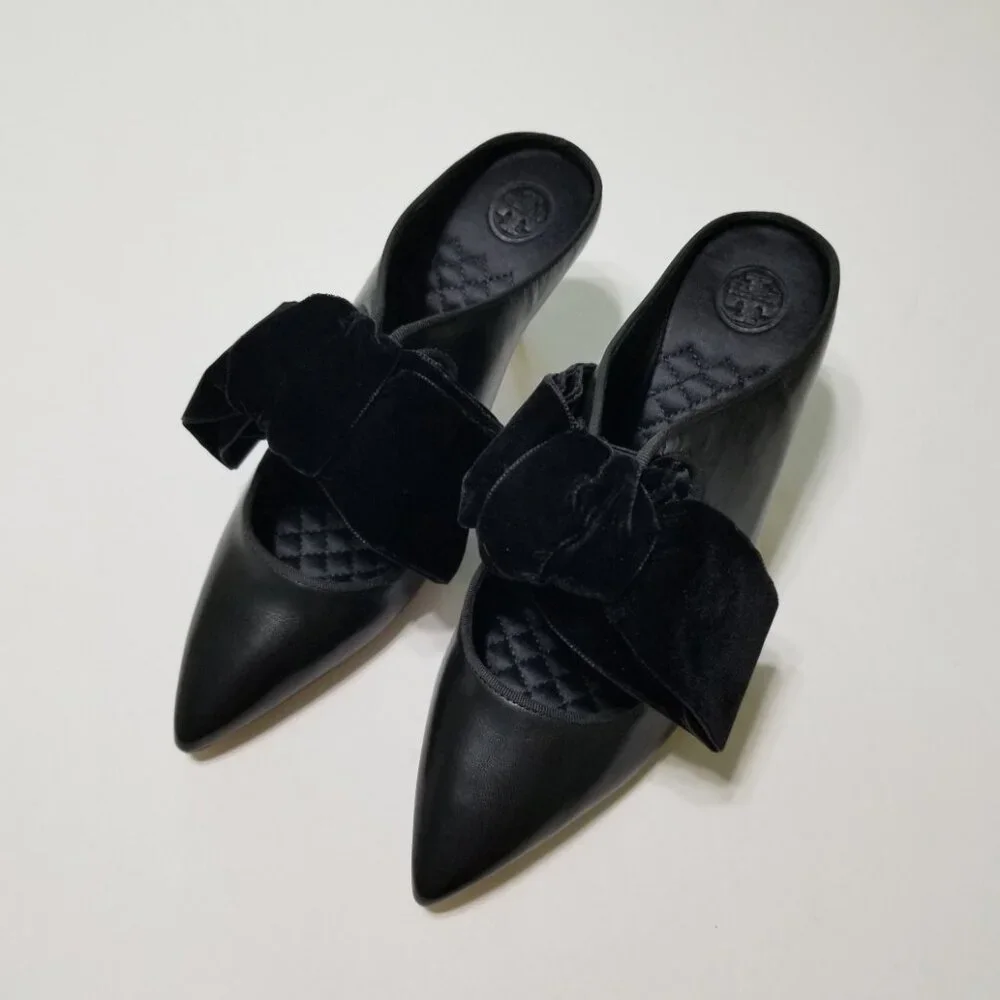 NWOB Tory Burch Clara Leather Mule w. Velvet Bow, Pointed Toe, Perfect‎ Black